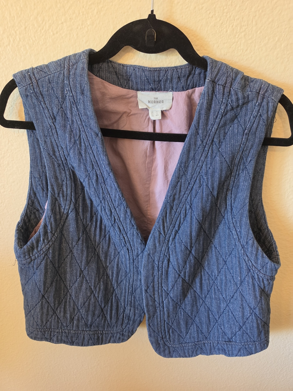 The Korner Paris Quilted Vest L Blue Chambray Denim Diamond Knit Waistcoat Boho